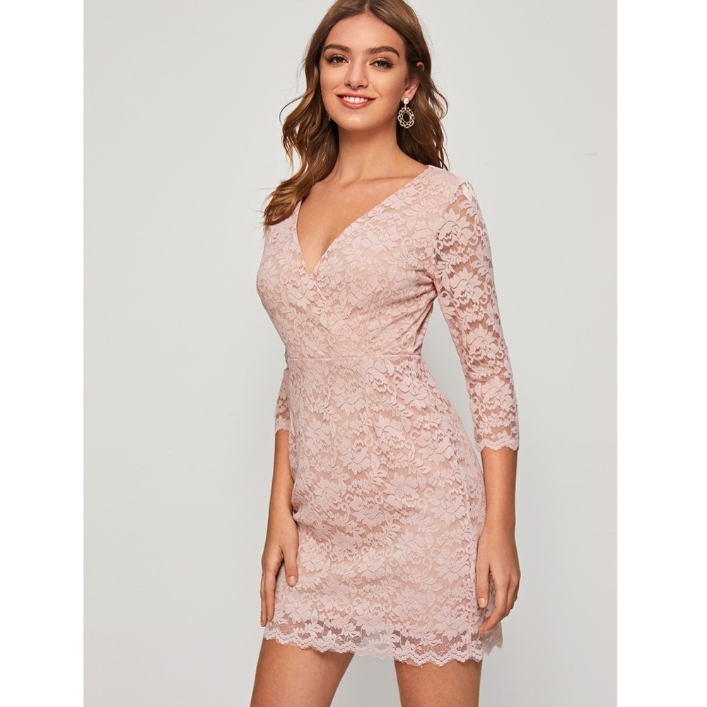 V-Neck Pastel Pink Lace Formal Mini Dress - Picture 3 of 8